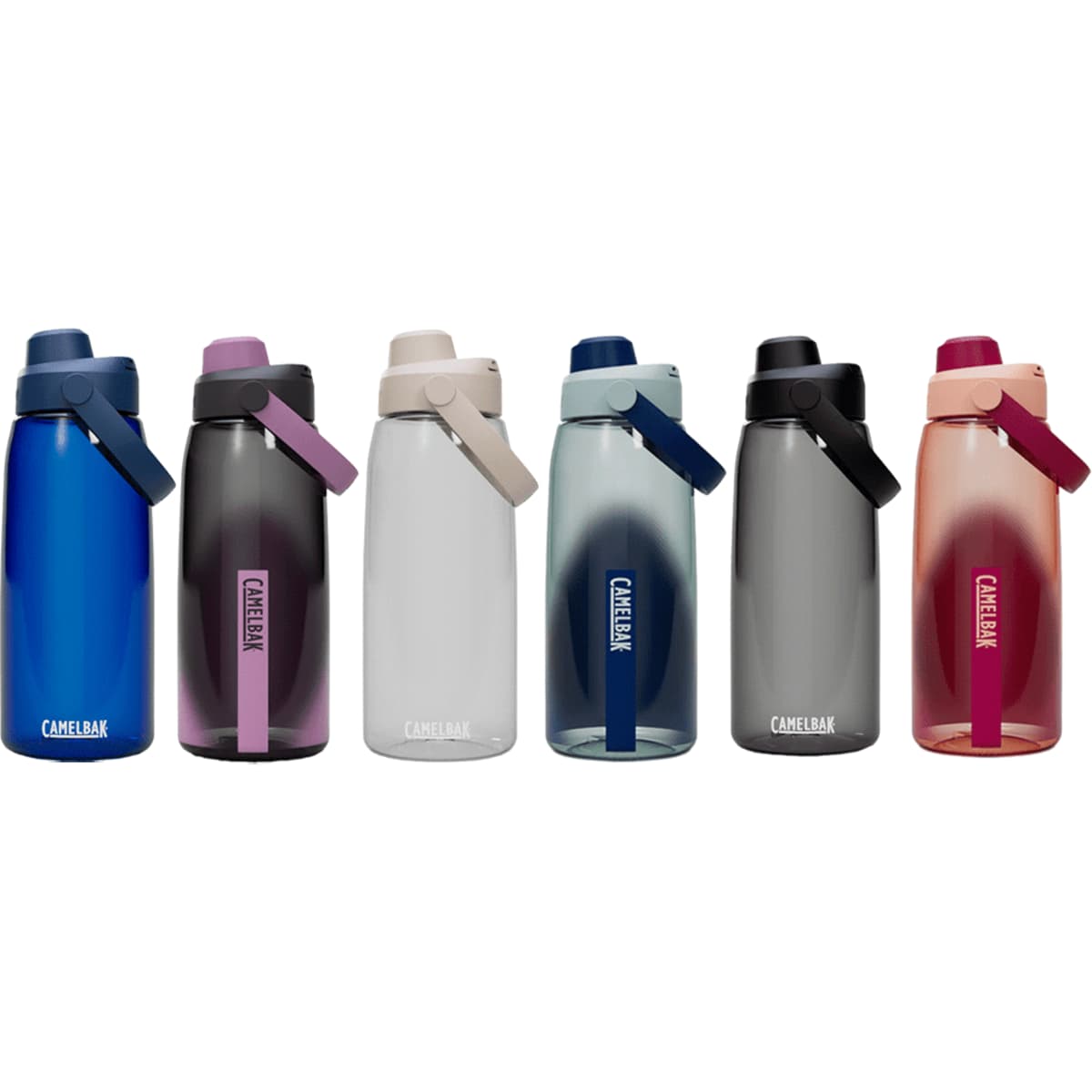 A drink bottle collection featuring shades of blue, pink, grey, and clear, each with a flip-top lid and branded logo.
