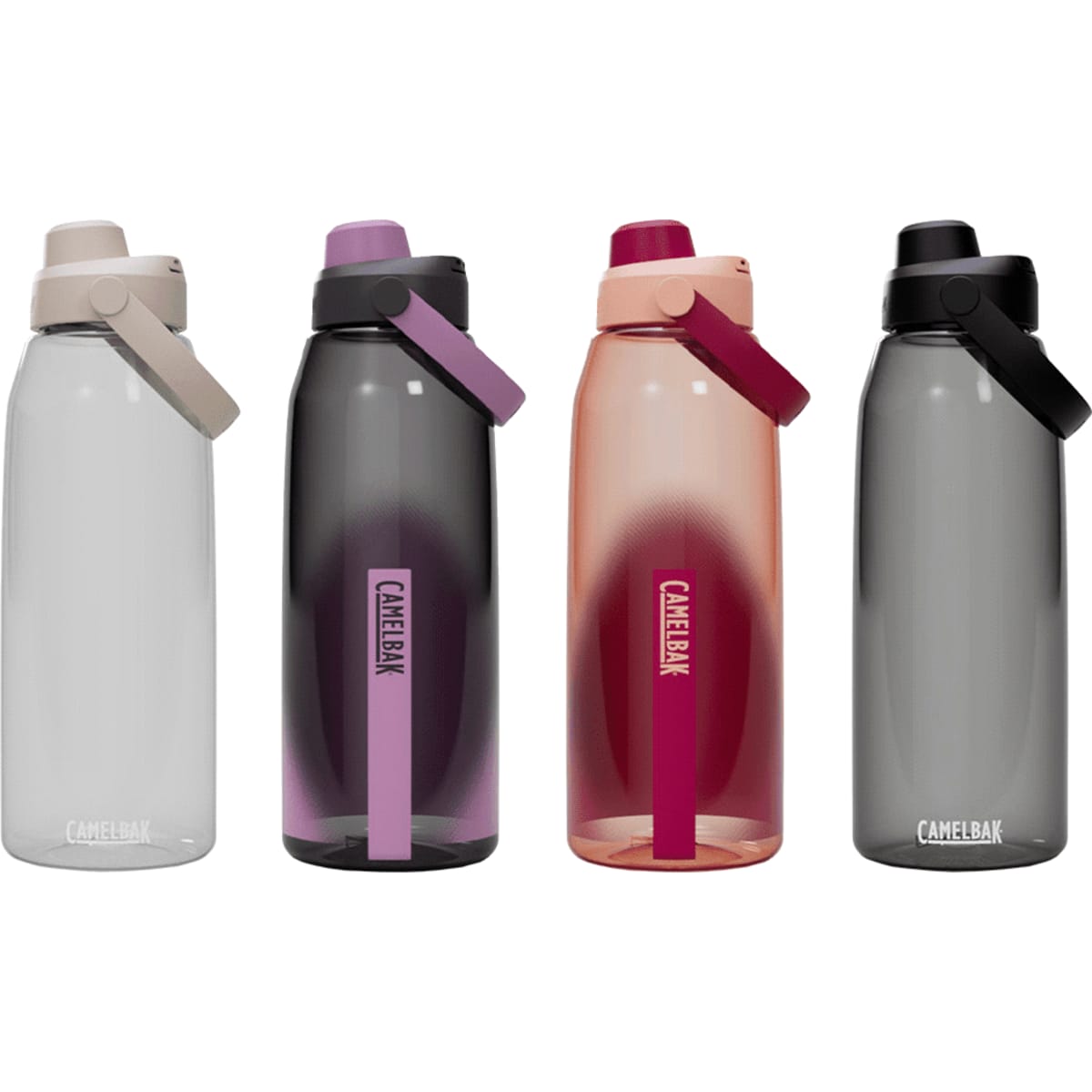 A drink bottle in four colours: clear, purple, coral, and grey, featuring a flip-top lid and a logo.