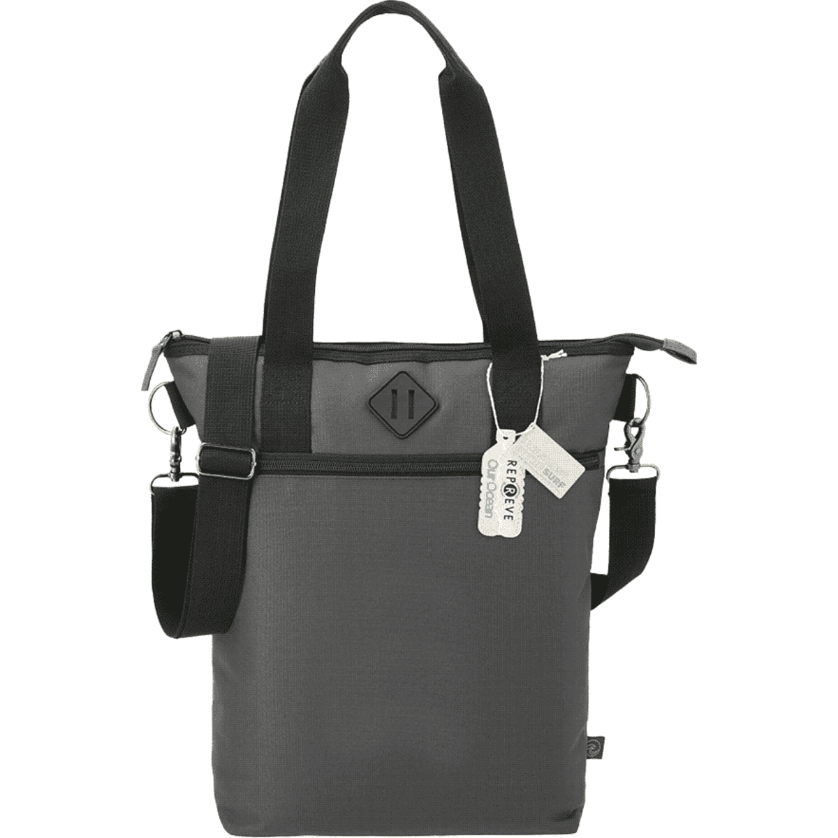 A grey laptop tote bag made from Repreve recycled material, featuring adjustable straps and a logo.