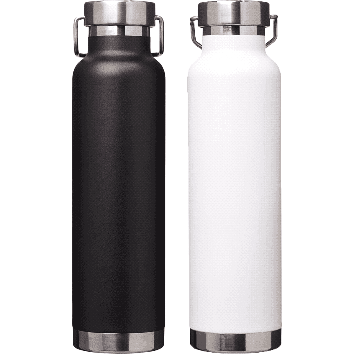 A drink bottle featuring a sleek black and white design, with a stainless steel base and a secure lid.