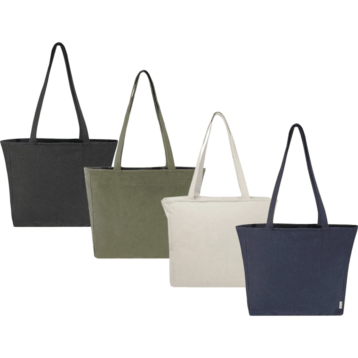 A collection of four tote bags in black, olive green, cream, and navy, each featuring handles and a logo.