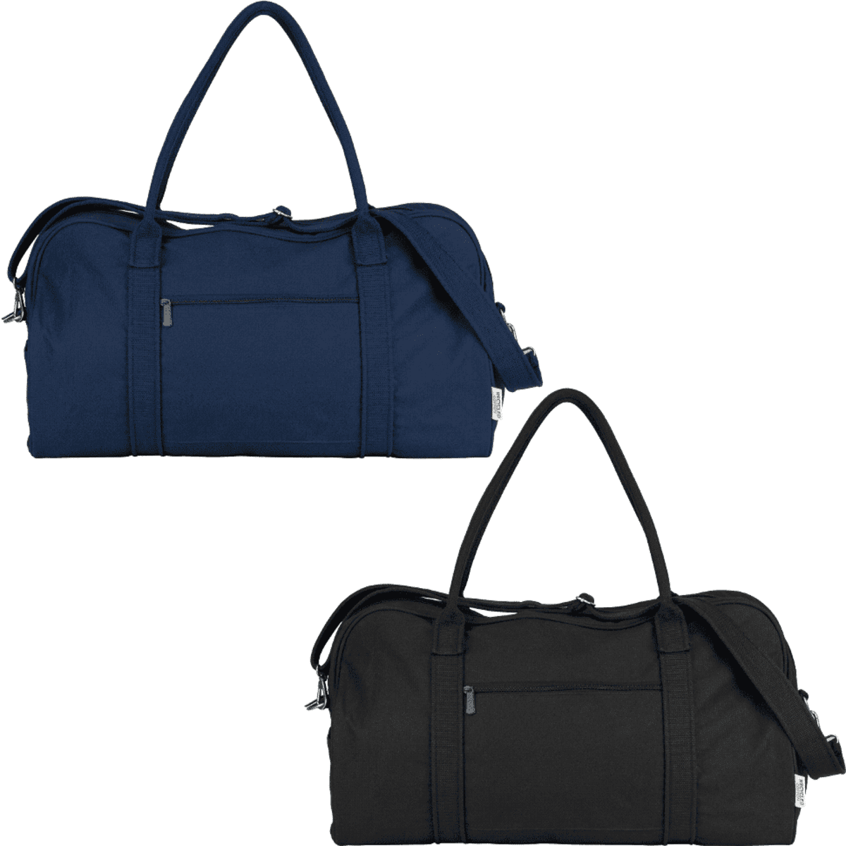 Recycled canvas duffel bags in navy blue and black, featuring dual handles and an adjustable shoulder strap.