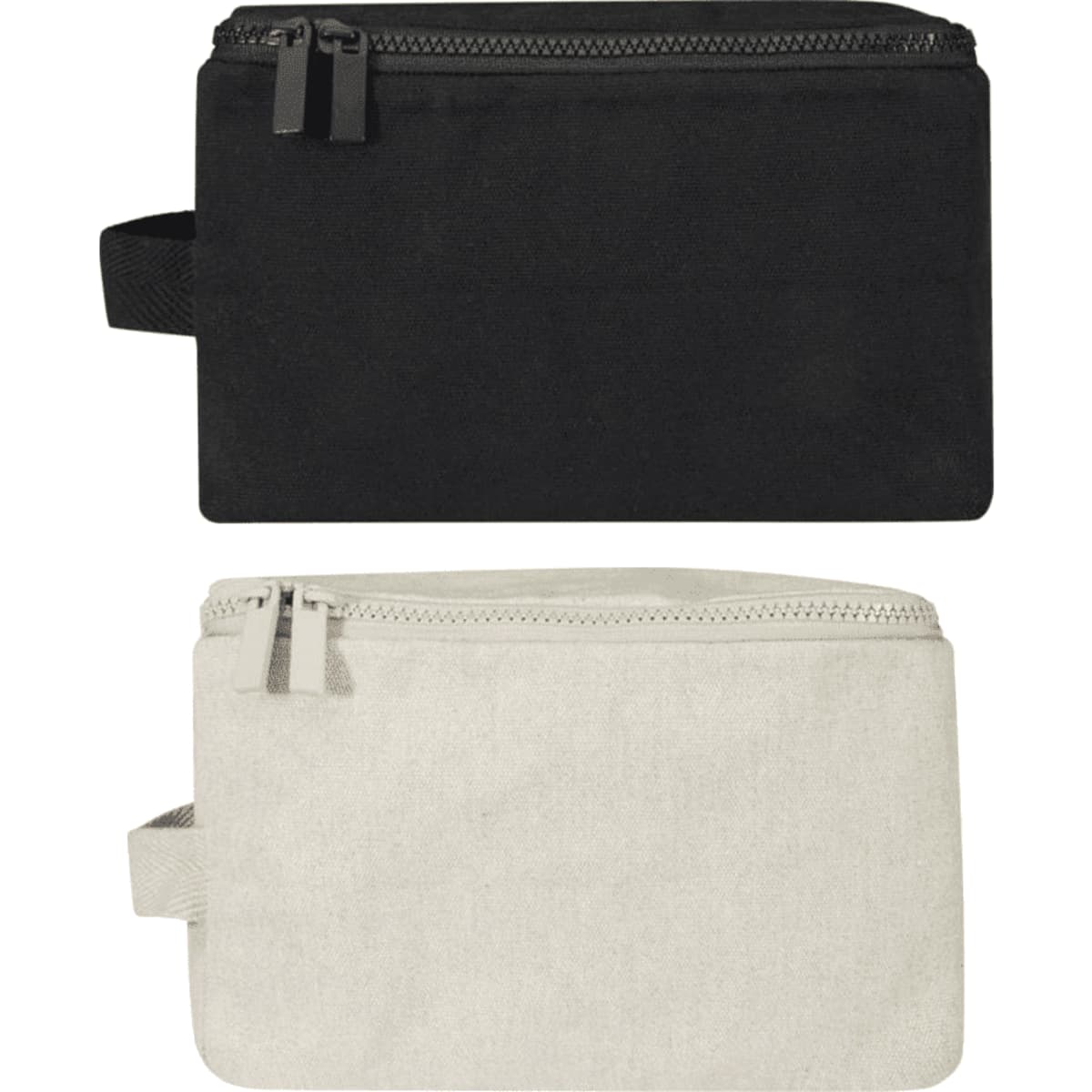 A black and grey toiletry organiser featuring a zip closure and a handle, with a logo on one side.