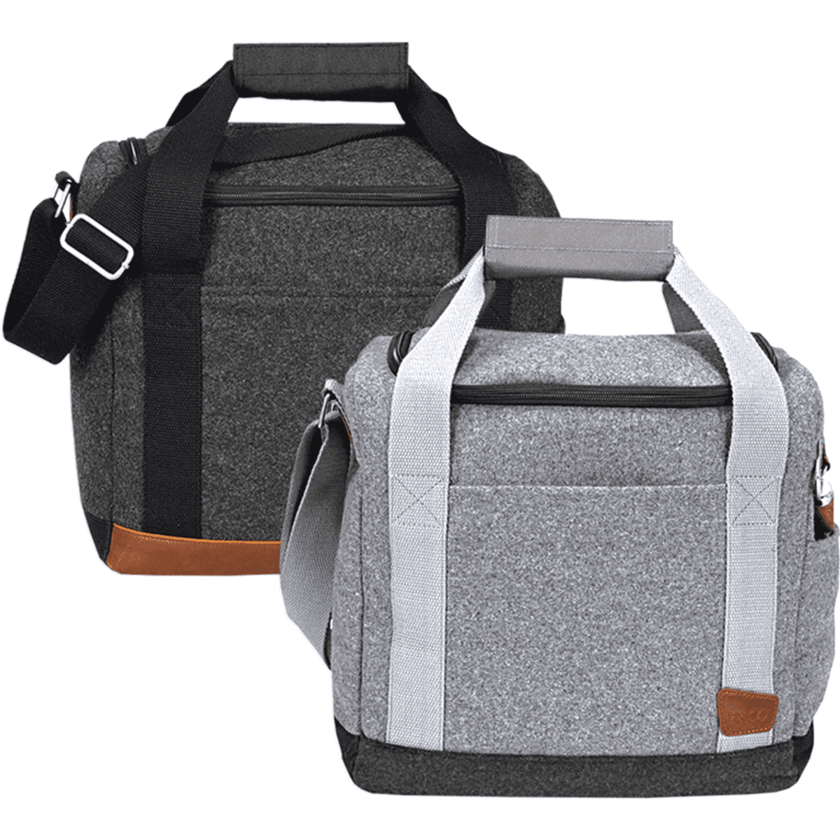 A drink bottle cooler bag featuring a sleek grey design with leather accents and adjustable straps. It has a logo.