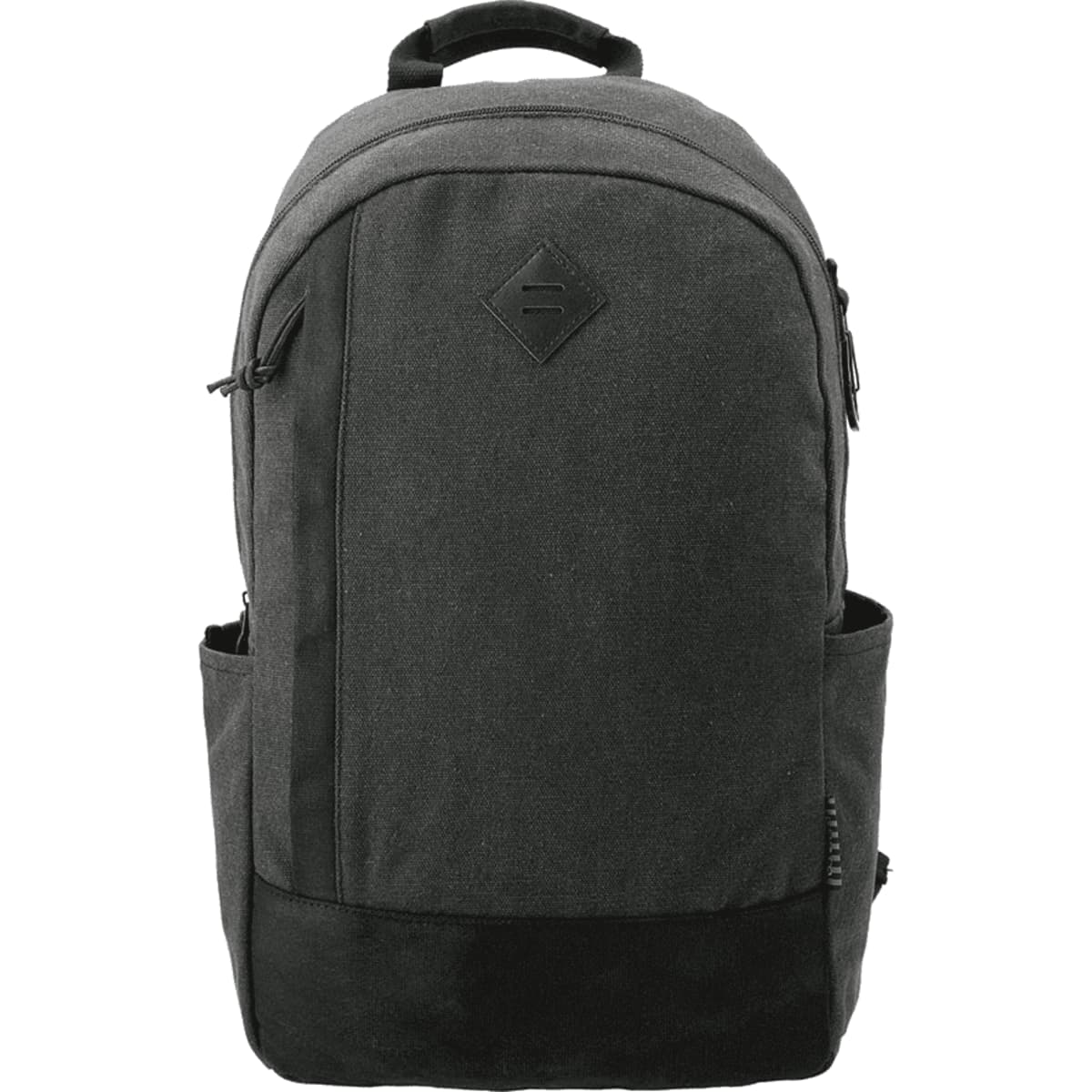 A black and grey laptop backpack featuring a branding logo and multiple compartments for organisation.