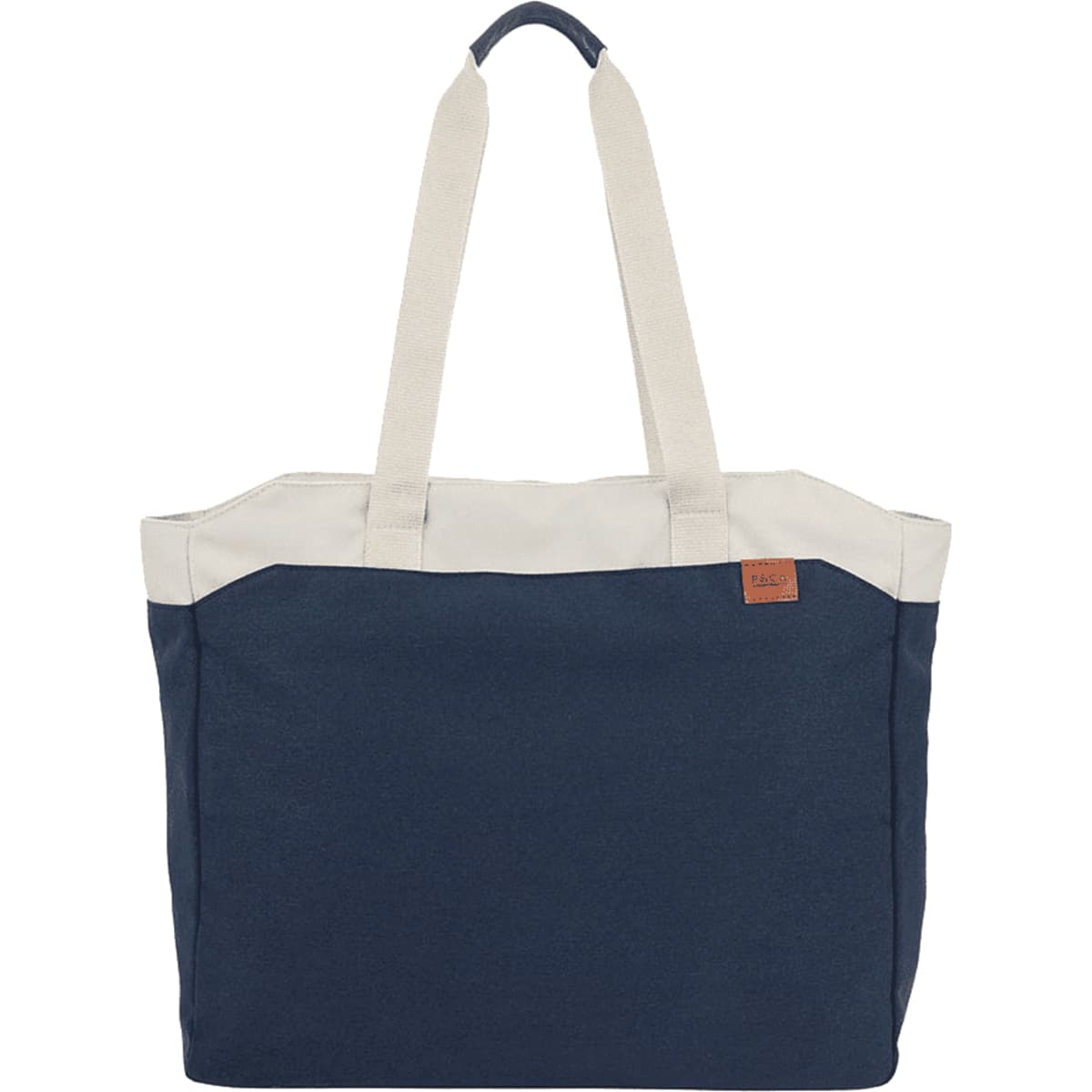 A navy blue and cream tote bag with dual handles and a logo. Spacious design suitable for carrying items.