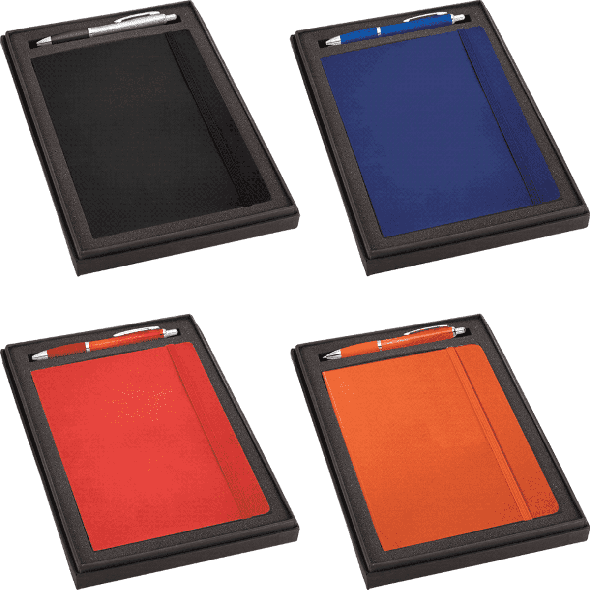 A gift set featuring a black, blue, red, and orange journal, each with a matching pen, presented in a box.