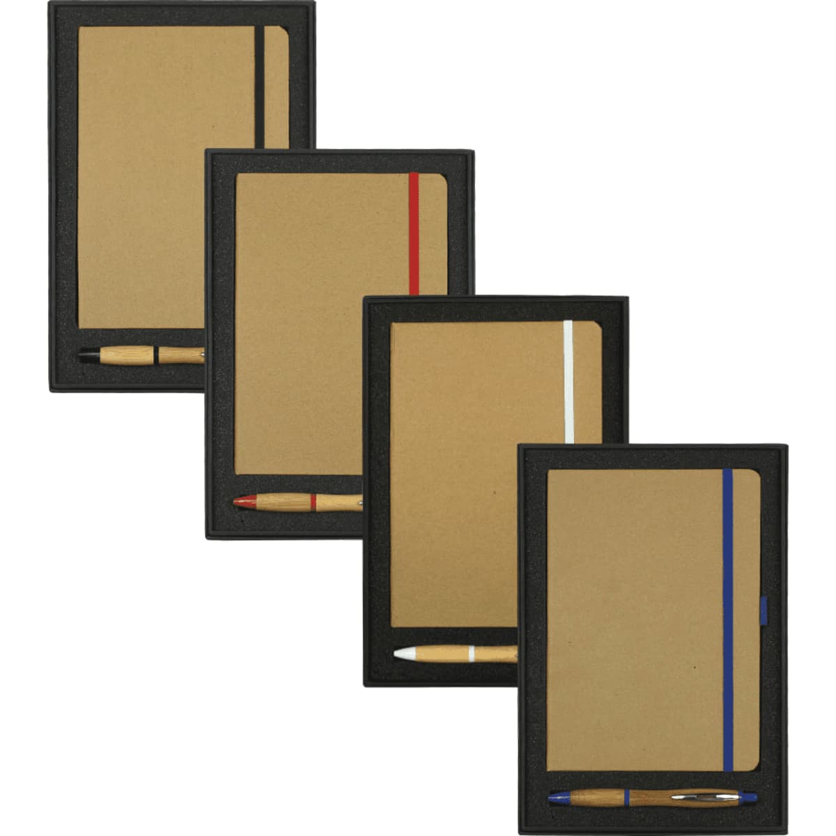 A collection of four JB1022 Colour Bound Journals in black with bamboo pens, featuring red, white, and blue accents.
