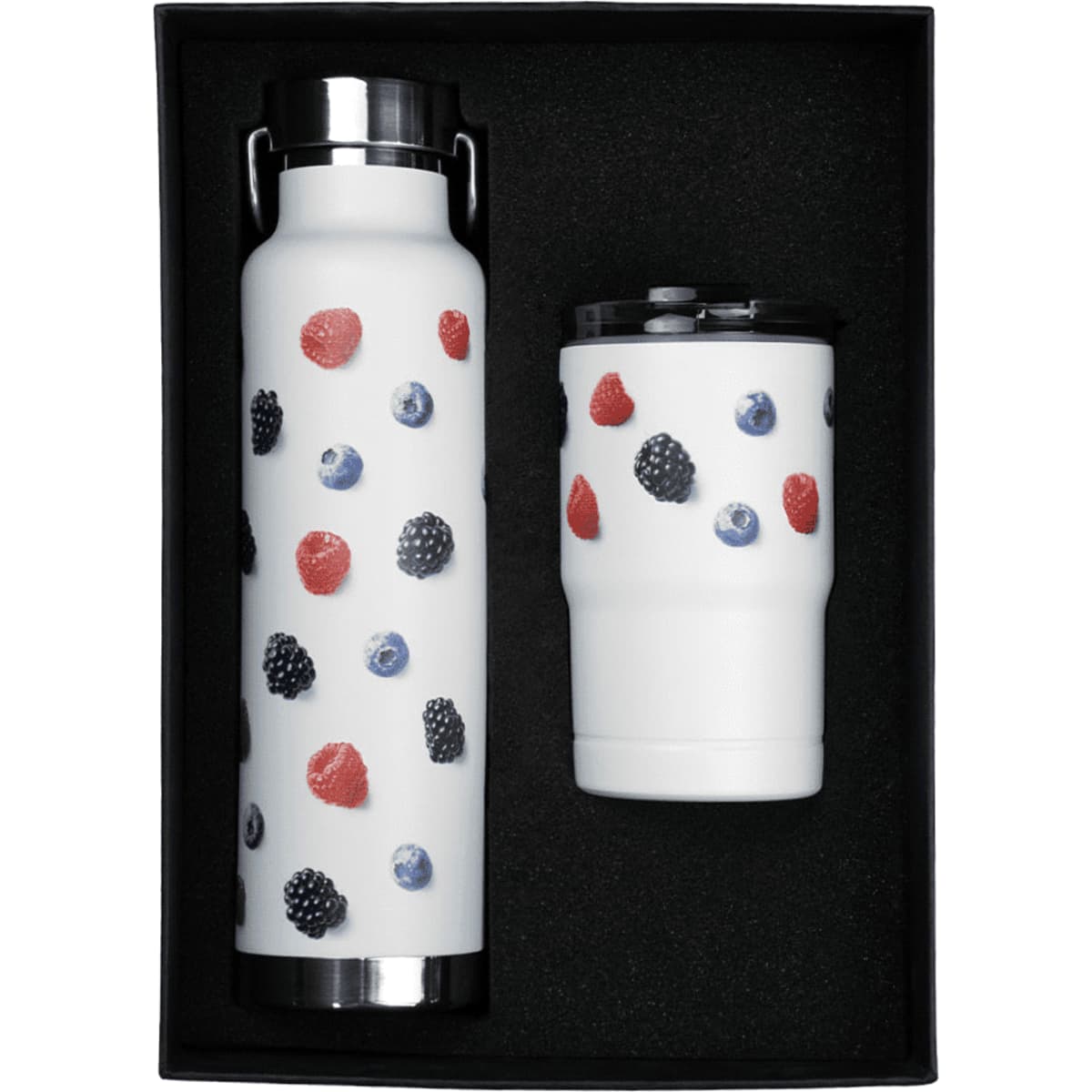 A drink bottle and tumbler gift set with a white background featuring red and blue berry patterns, presented in a black box.