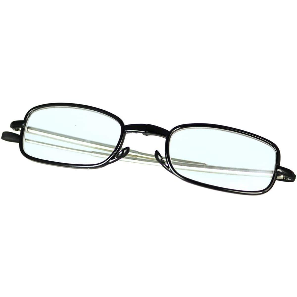 Folding reading glasses with a black frame and clear lenses, featuring a slim design.