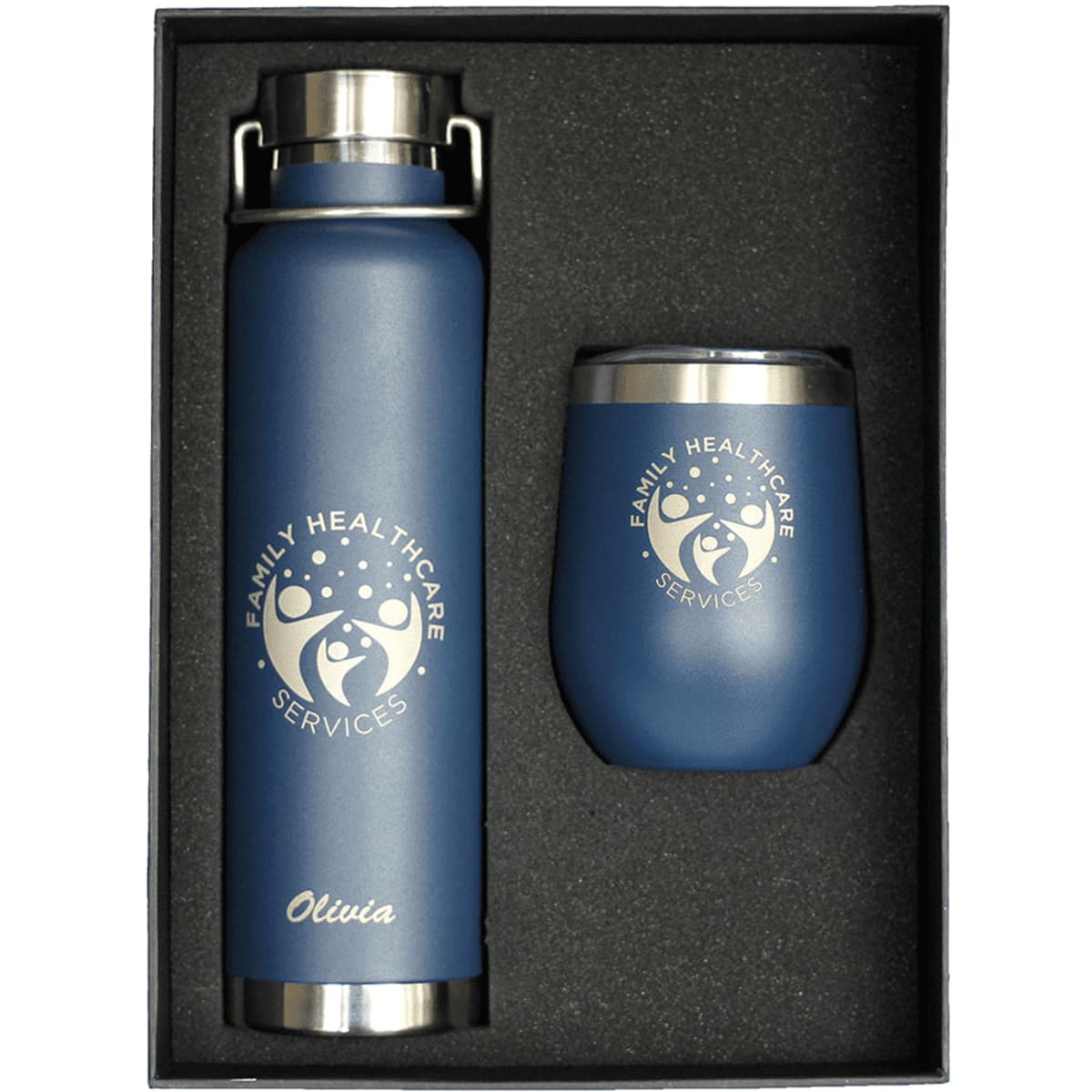 A drink bottle and tumbler gift set in navy blue, featuring a logo on each piece, presented in a black box.