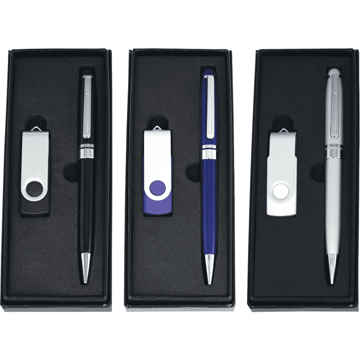 A gift set featuring three pens in black, purple, and silver, paired with USB flash drives in matching colours.