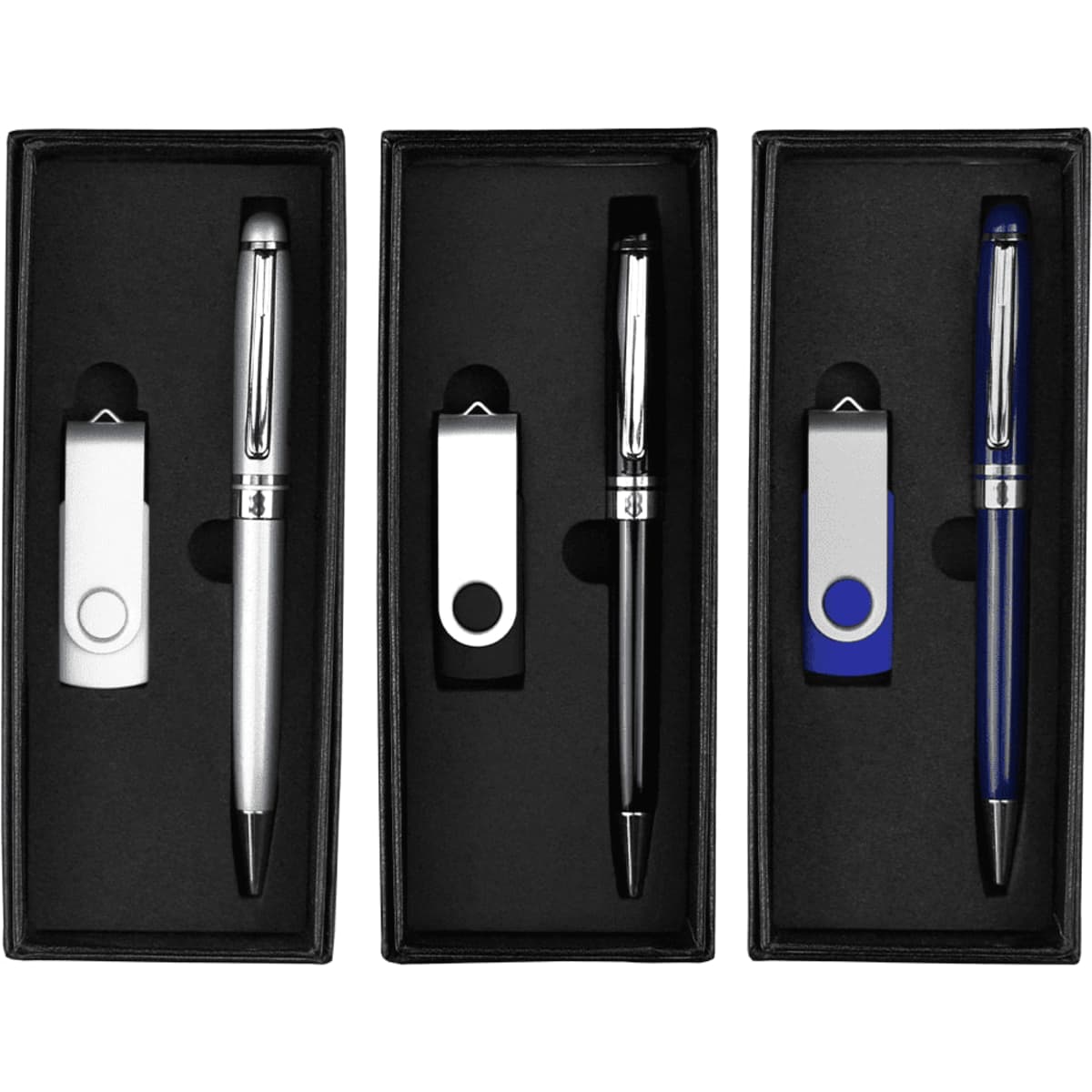 A gift set featuring three pens in silver, black, and blue, along with USB drives, all in elegant black packaging.