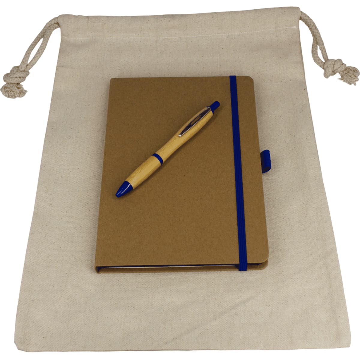 A drawstring bag in cream holds a brown JournalBook with a blue elastic band and a blue pen on top.