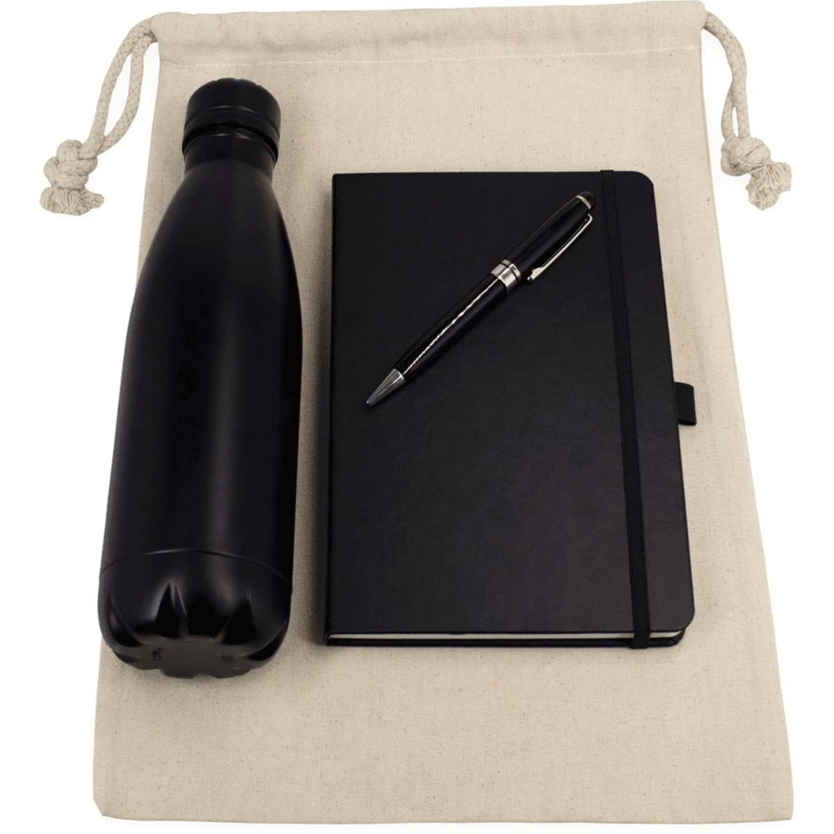 A cotton drawstring bag containing a black insulated bottle, a black journal, and a silver pen.