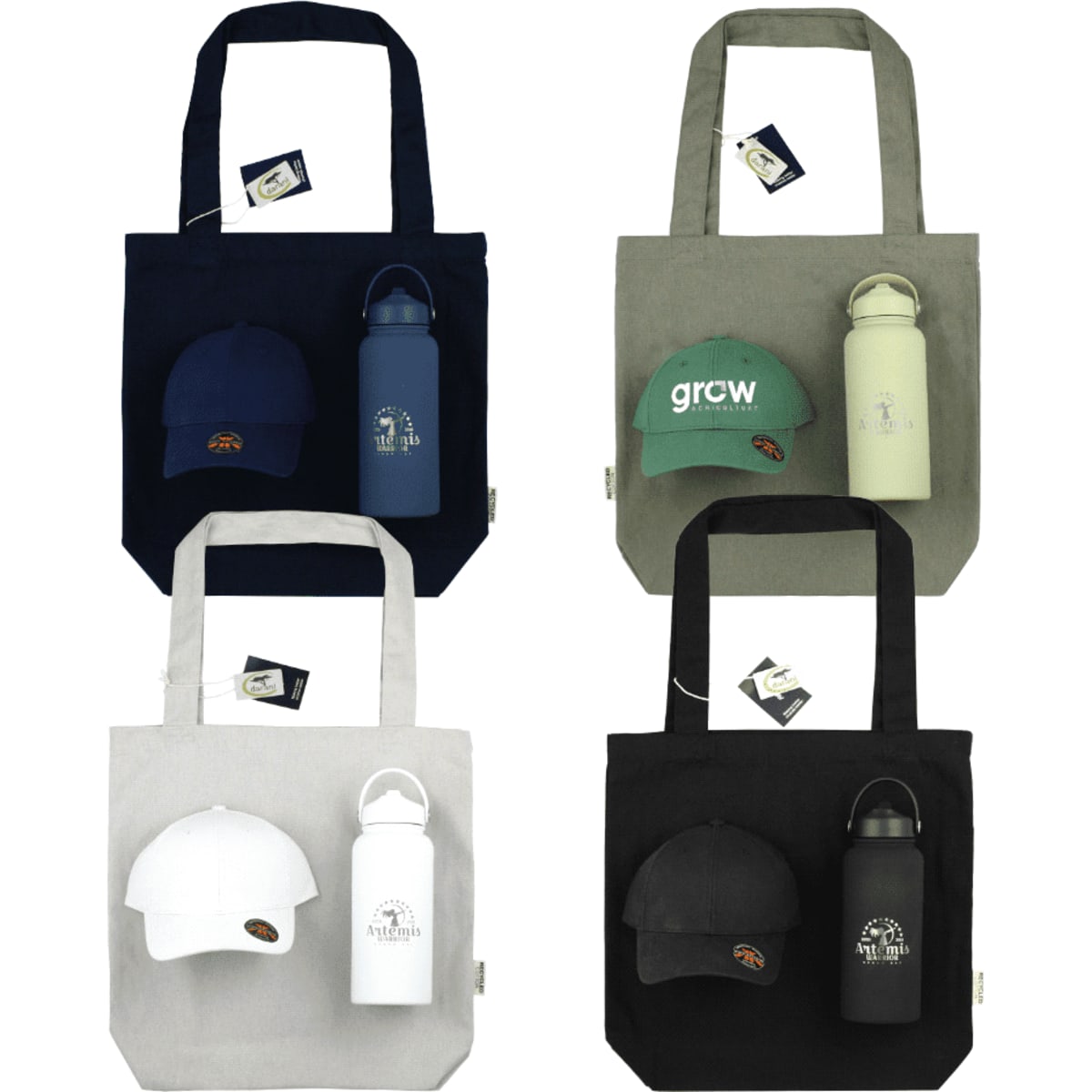 A tote bag in various colours with a drink bottle and caps, featuring logos on the bottle and caps.