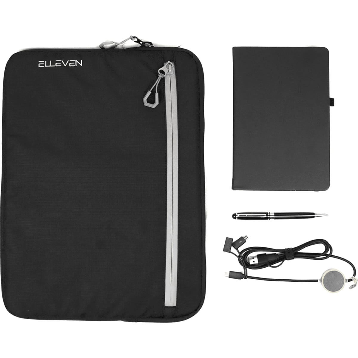 A black zippered pouch, a black notebook, a silver pen, and a charging cable with a circular connector. The pouch has a logo.