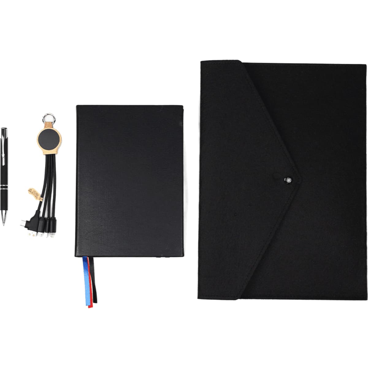 A black folder, notebook, pen, keychain, and USB cables in a promotional product layout.