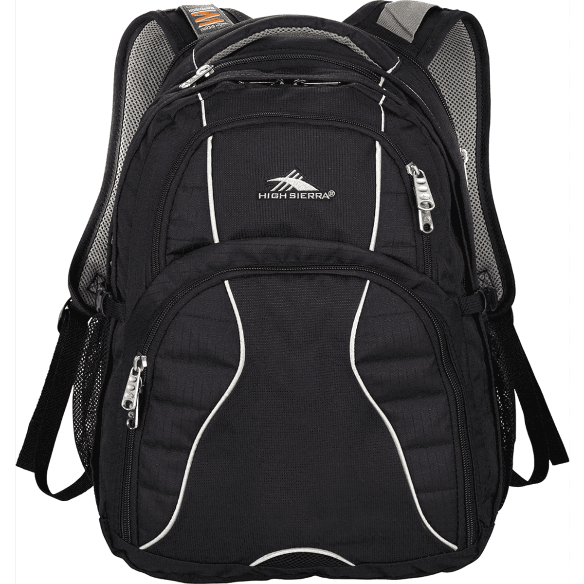 A black High Sierra Swerve 17" backpack featuring multiple compartments and a logo. Mesh details enhance its design.