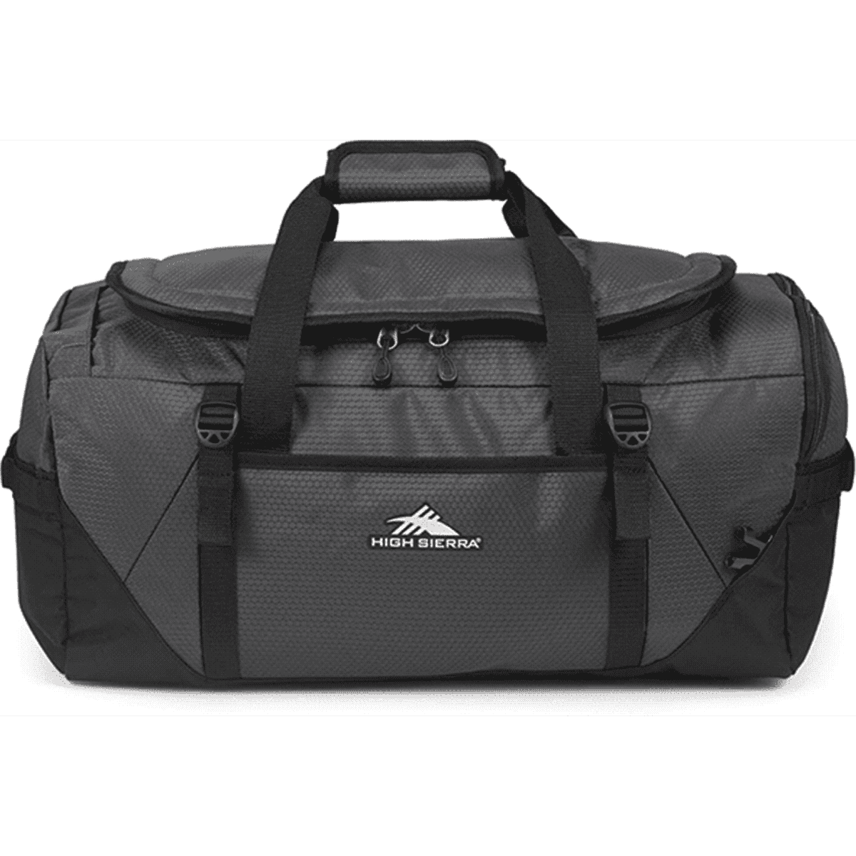 A grey duffel backpack with sturdy handles, adjustable shoulder straps, and a branded logo.