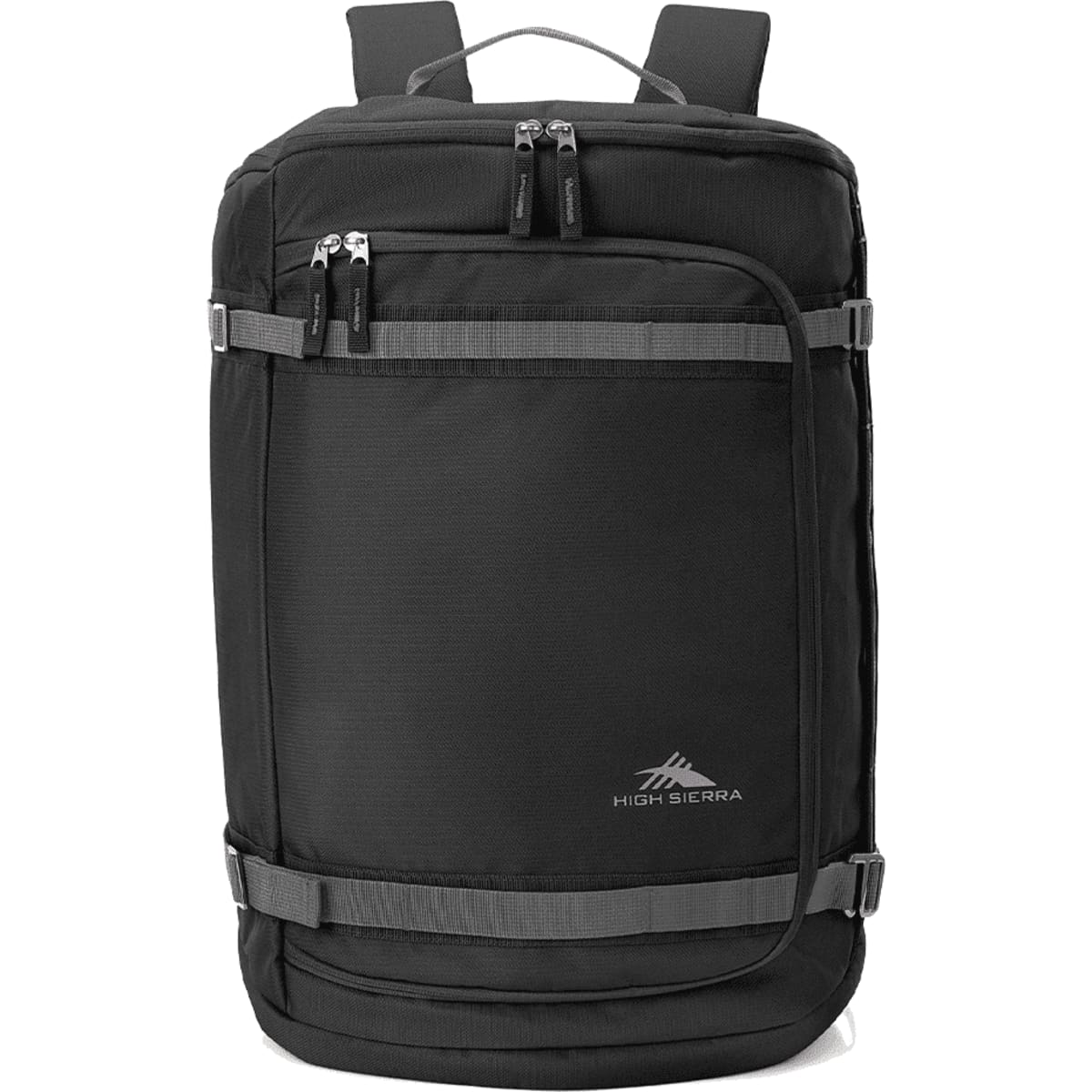A black travel backpack with multiple zippered compartments and adjustable straps. It features a logo on the front.