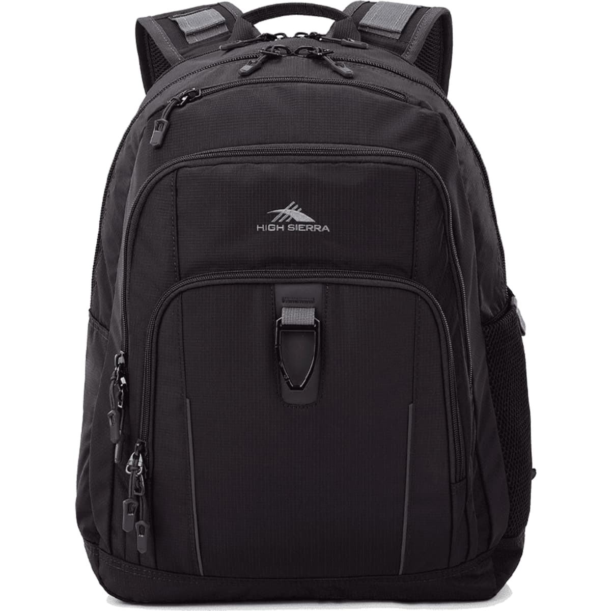 A black High Sierra Extension Backpack 39L featuring multiple pockets, zippers, and a logo.