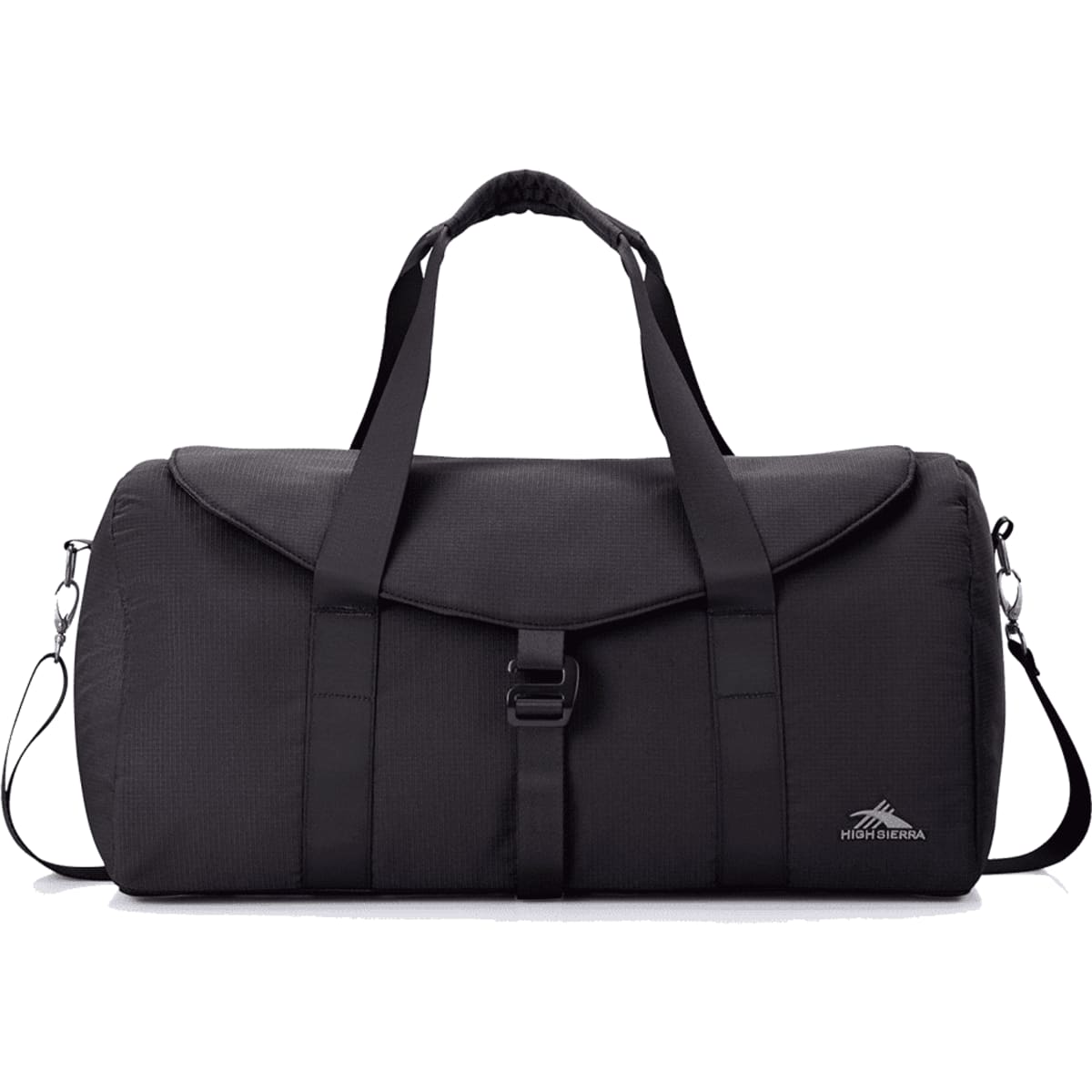 A black duffel bag with a flap, adjustable shoulder strap, and dual handles. It features a logo on the side.