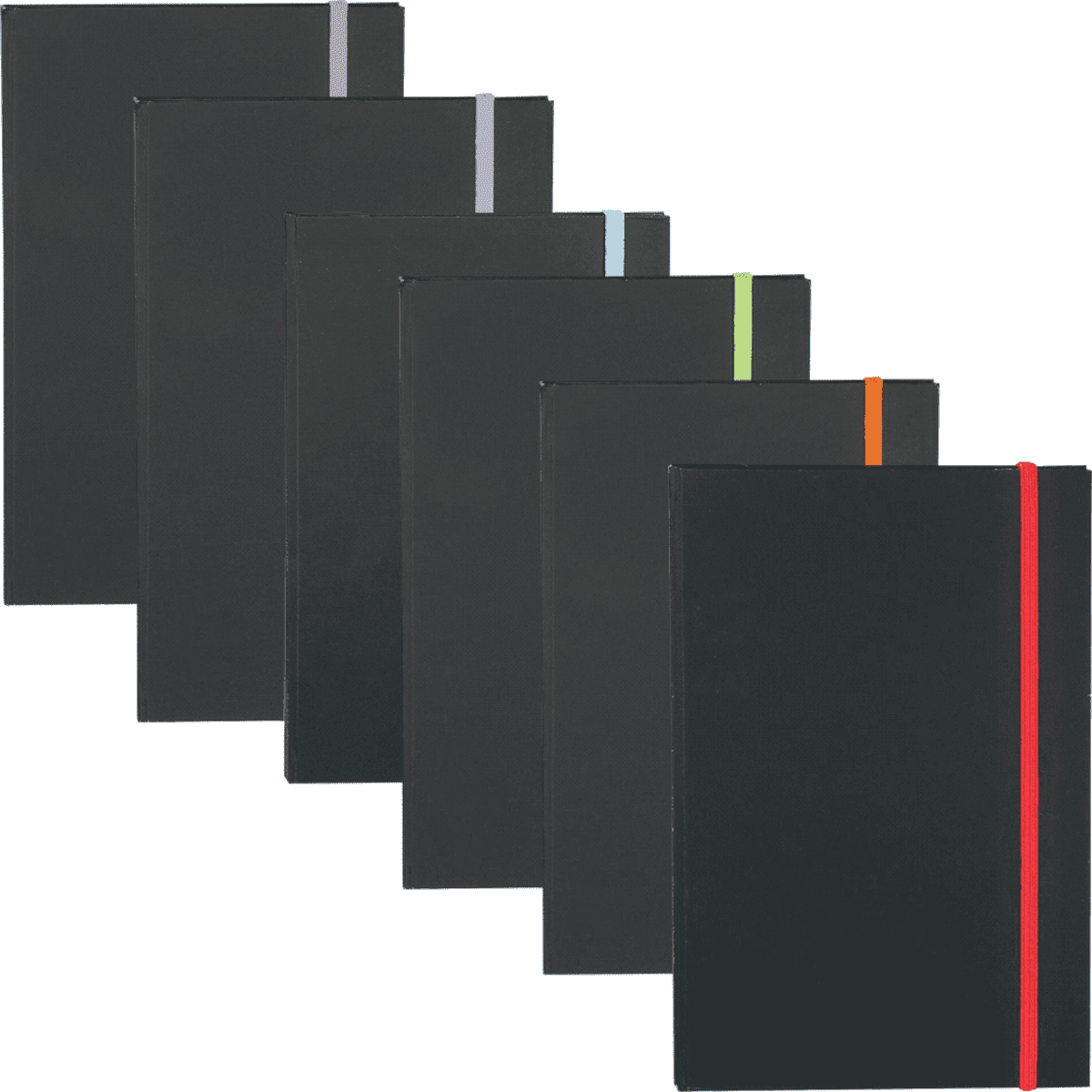 A collection of black journals with vibrant elastic bands in various colours: red, orange, green, blue, purple, and light blue.