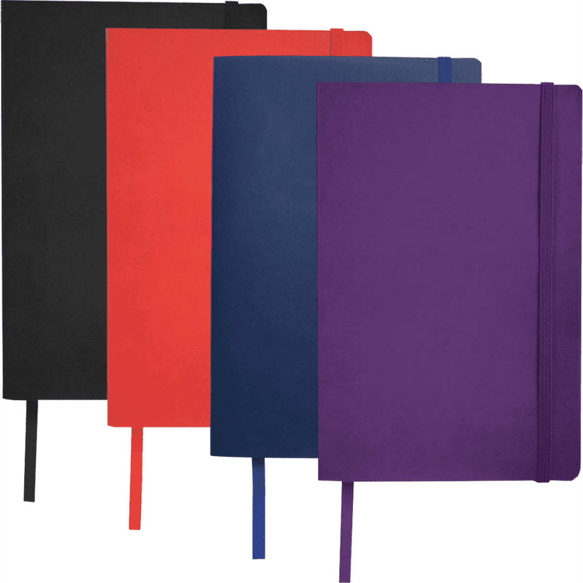 A set of four soft bound journals in black, red, navy, and purple, each with a matching elastic band.