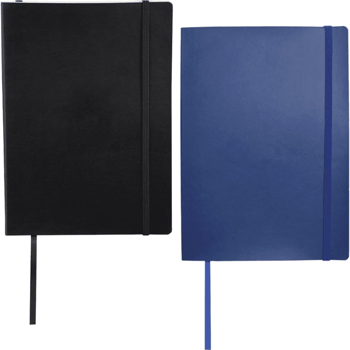 A black and a blue large bound journal, each with a matching ribbon bookmark and an elastic closure. Each features a logo.