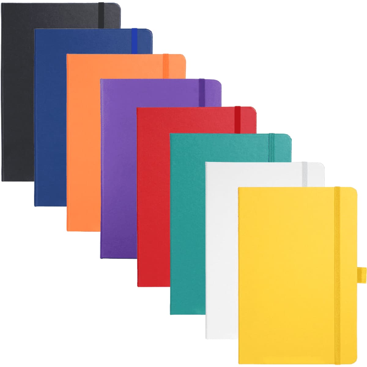 A collection of Nova Bound JournalBooks in various colours, including black, navy, orange, purple, red, green, white, and yellow, with a logo.