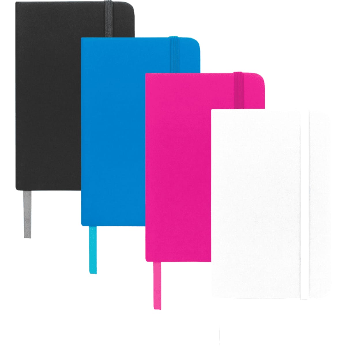 A set of four Spectrum Pocket Bound JournalBooks in black, blue, pink, and white, each with a matching ribbon bookmark.