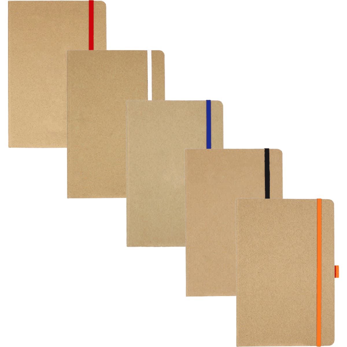 A set of five journals in kraft paper, featuring coloured elastic bands in red, blue, black, and orange.