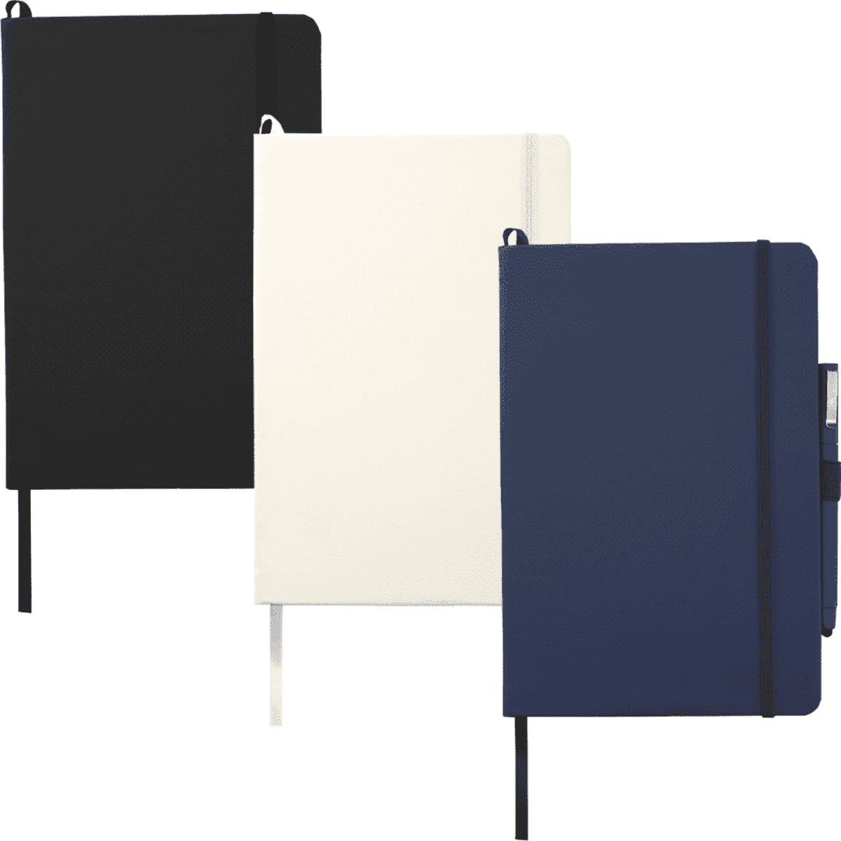 Three hard-bound journals in black, white, and navy, each featuring an elastic closure and ribbon bookmark.