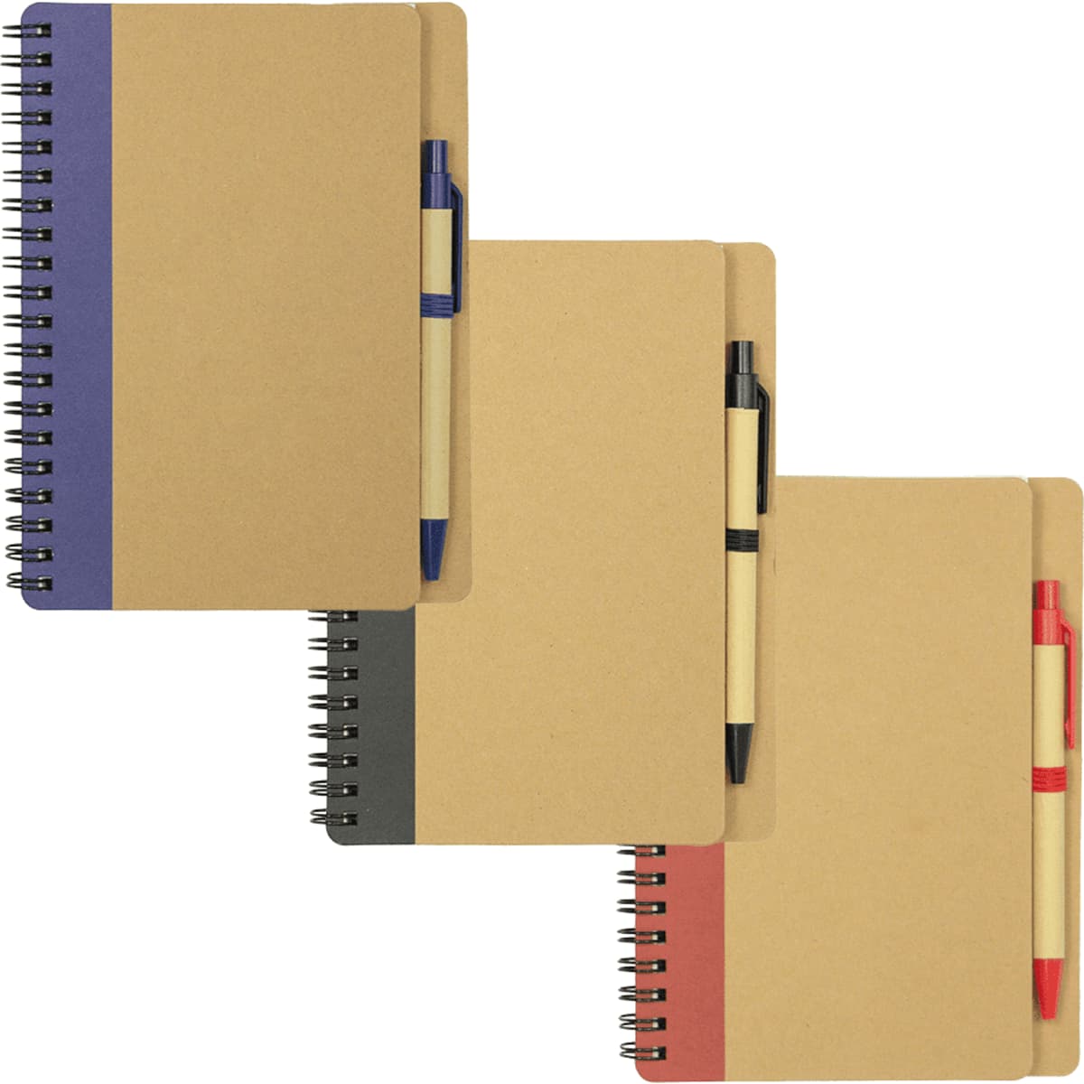 A set of three notebooks with different coloured stripes and matching ballpoint pens, featuring a logo on each.