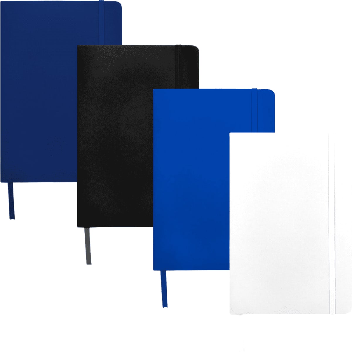 A set of four A5 hard cover notebooks in navy blue, black, bright blue, and white, each with a logo.