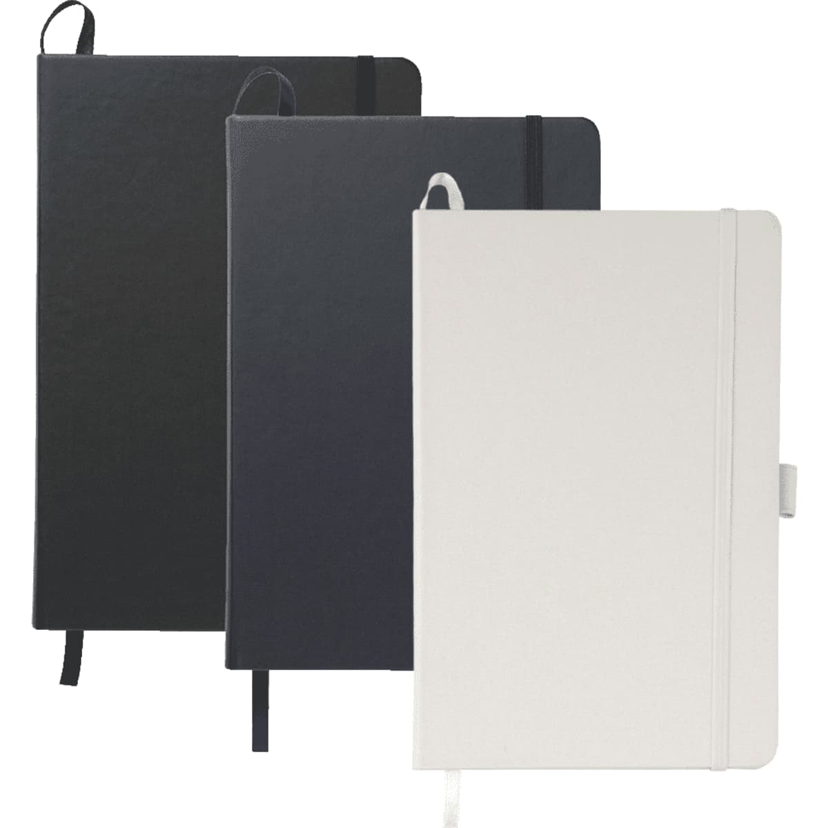 A collection of three A5 notebooks in black, dark grey, and white with elastic closures and a logo.