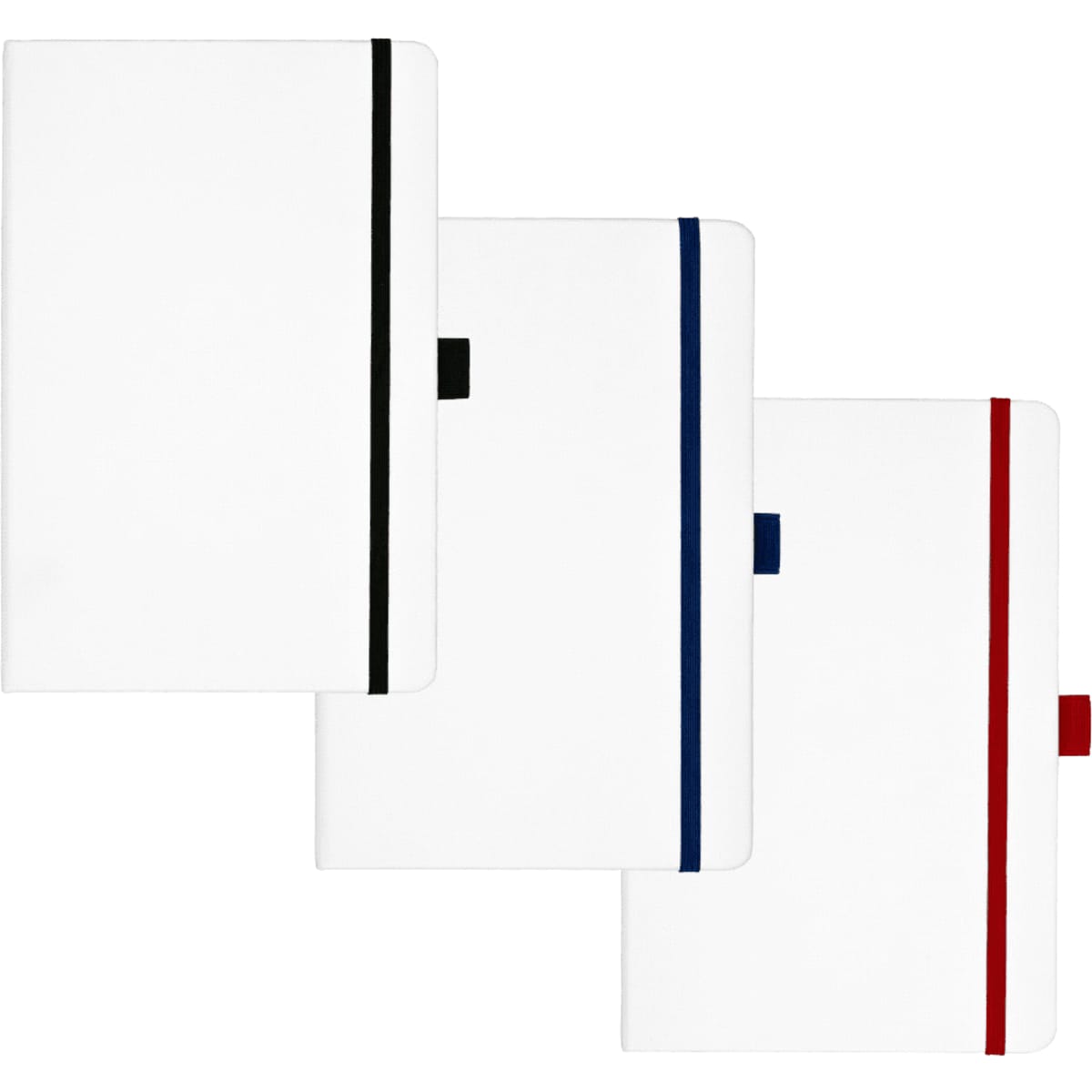 A collection of white bound journals featuring black, blue, and red accents, each with a logo.
