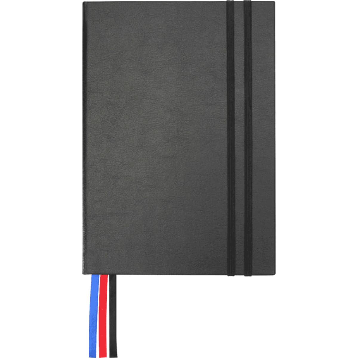 A black diary with elastic closures and ribbon bookmarks in red, blue, and white. It features a logo on the cover.