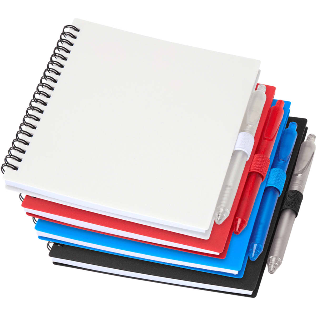 A stack of four journals in red, black, and blue, accompanied by two silver pens and featuring a logo.