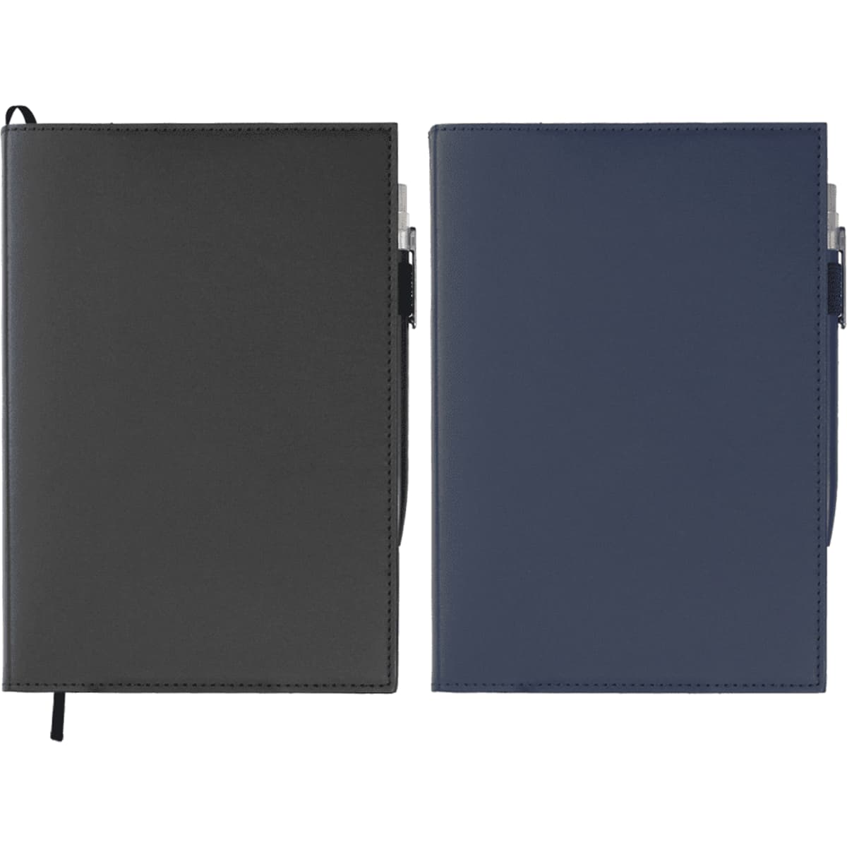 Mela Apple leather refillable journals in black and navy blue, featuring a sleek design and a logo on the cover.