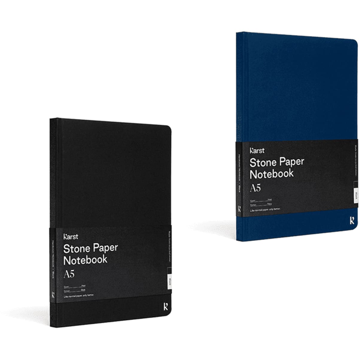 Two hardcover A5 notebooks in black and navy blue, featuring branding and a stone paper design.