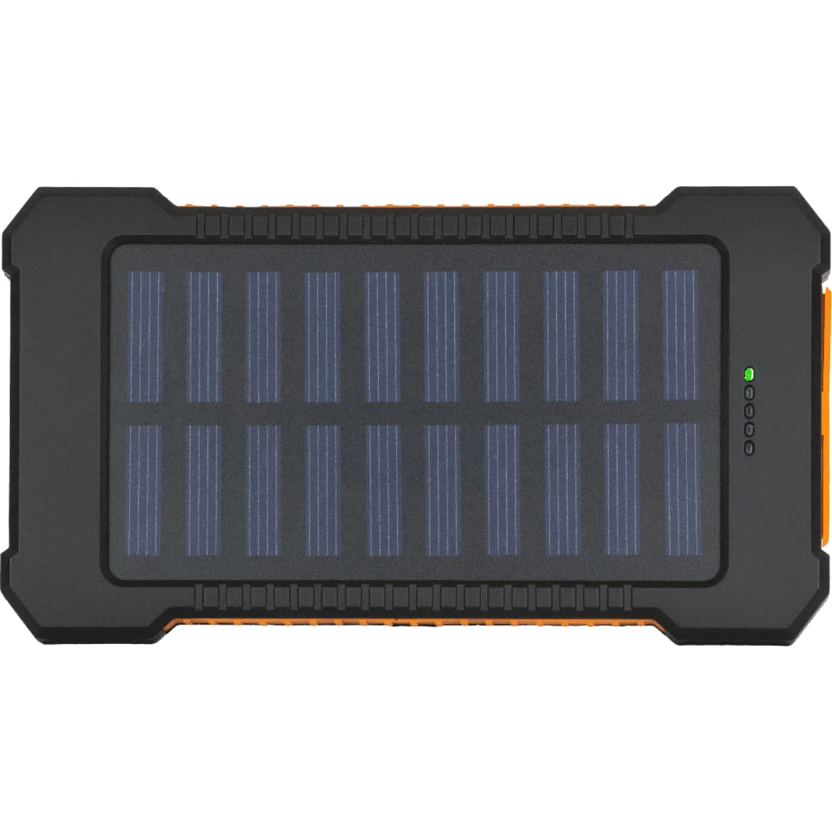 A solar power bank in black and orange with a textured surface and solar panel design. It features a logo.