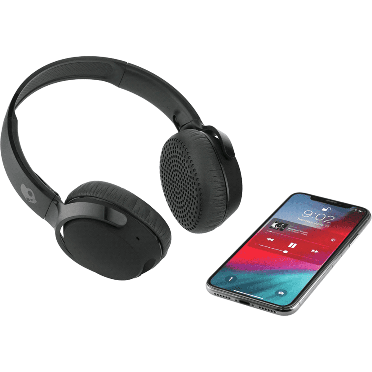 Wireless headphones in black beside a smartphone displaying a music player interface.