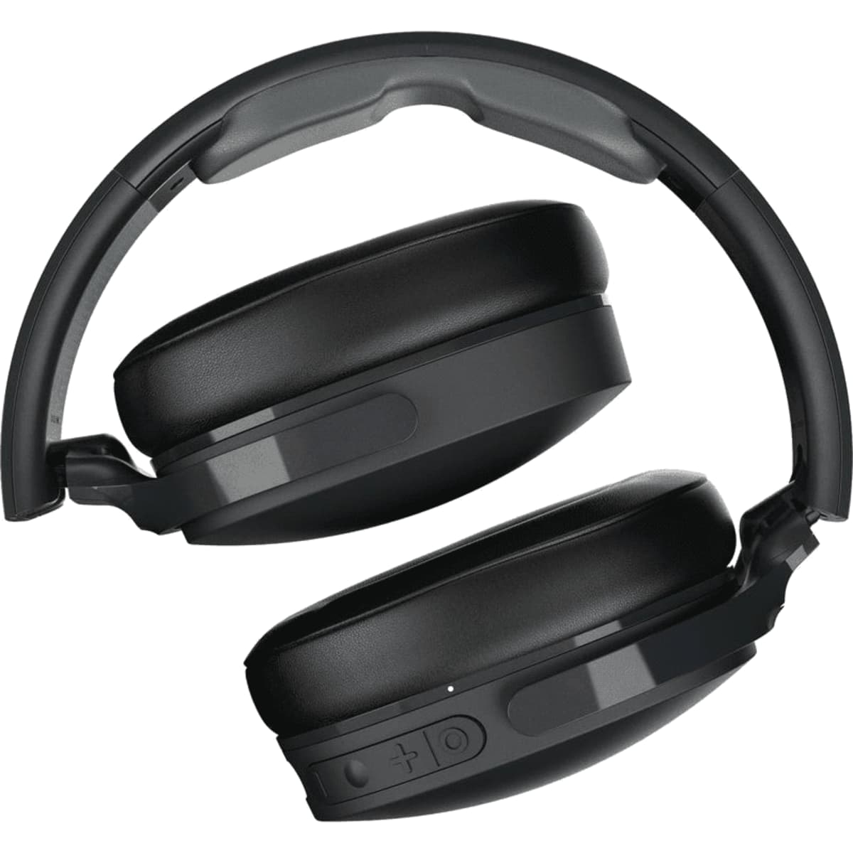 A pair of black wireless headphones with a sleek design and adjustable headband, featuring a logo on the side.