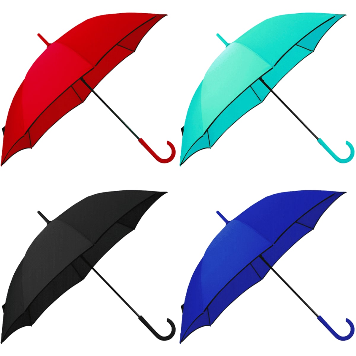 A set of four umbrellas in red, teal, black, and blue, each with a curved handle and a simple design.