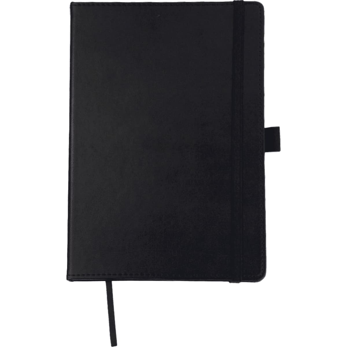 A black A5 journal book with a textured cover, an elastic band, and a ribbon marker. It features a logo on the cover.