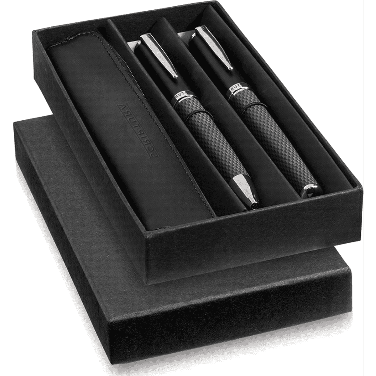 A sleek black gift box containing a set of two metal ballpoint pens with a textured finish and a leather case.