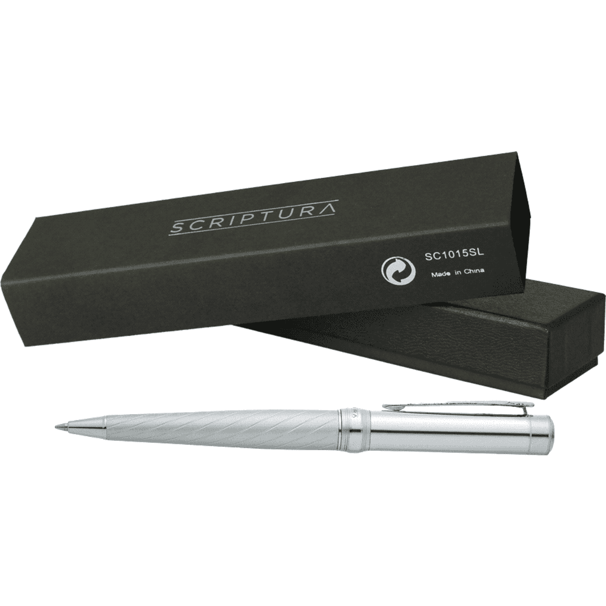 A silver metal ballpoint pen with a textured grip, presented in a sleek black box with a logo.