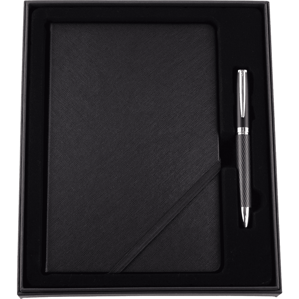 A black notebook with a textured finish and a silver pen, presented in a stylish gift box.
